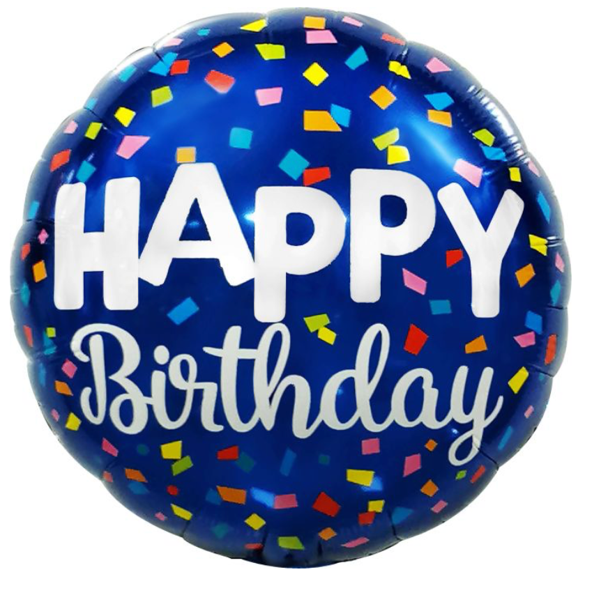 18" Happy Birthday Confetti on Blue Balloon