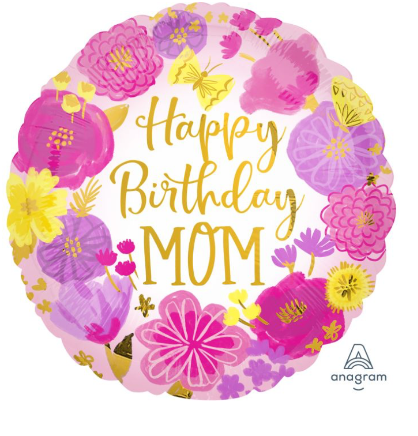 18" Happy Birthday Mom Painted Flowers Balloon
