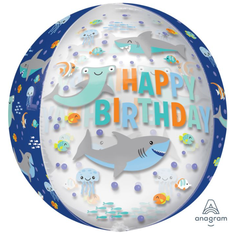 16" Orbz Clear Happy Birthday Sharks Balloon