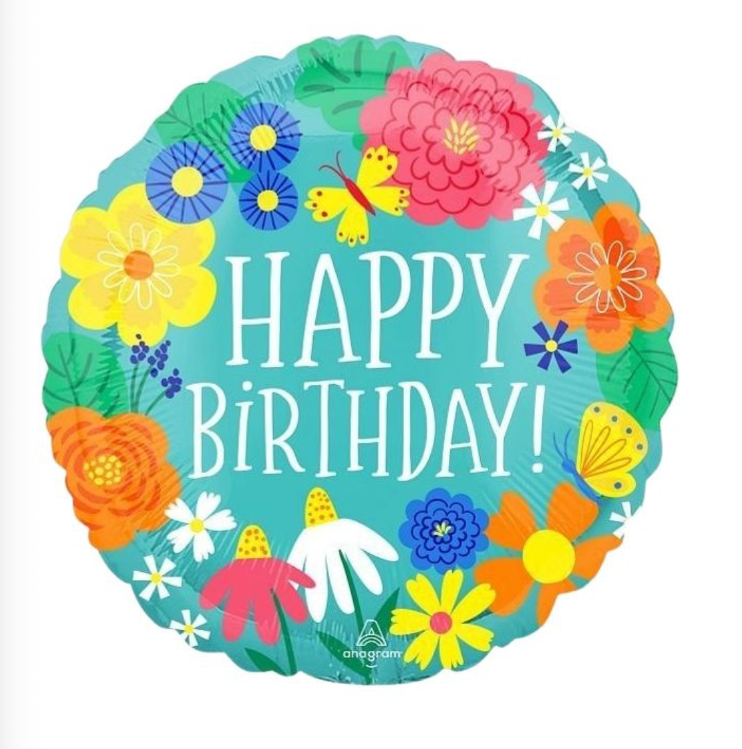 18" Happy Birthday Pretty Flowers In Teal Balloon